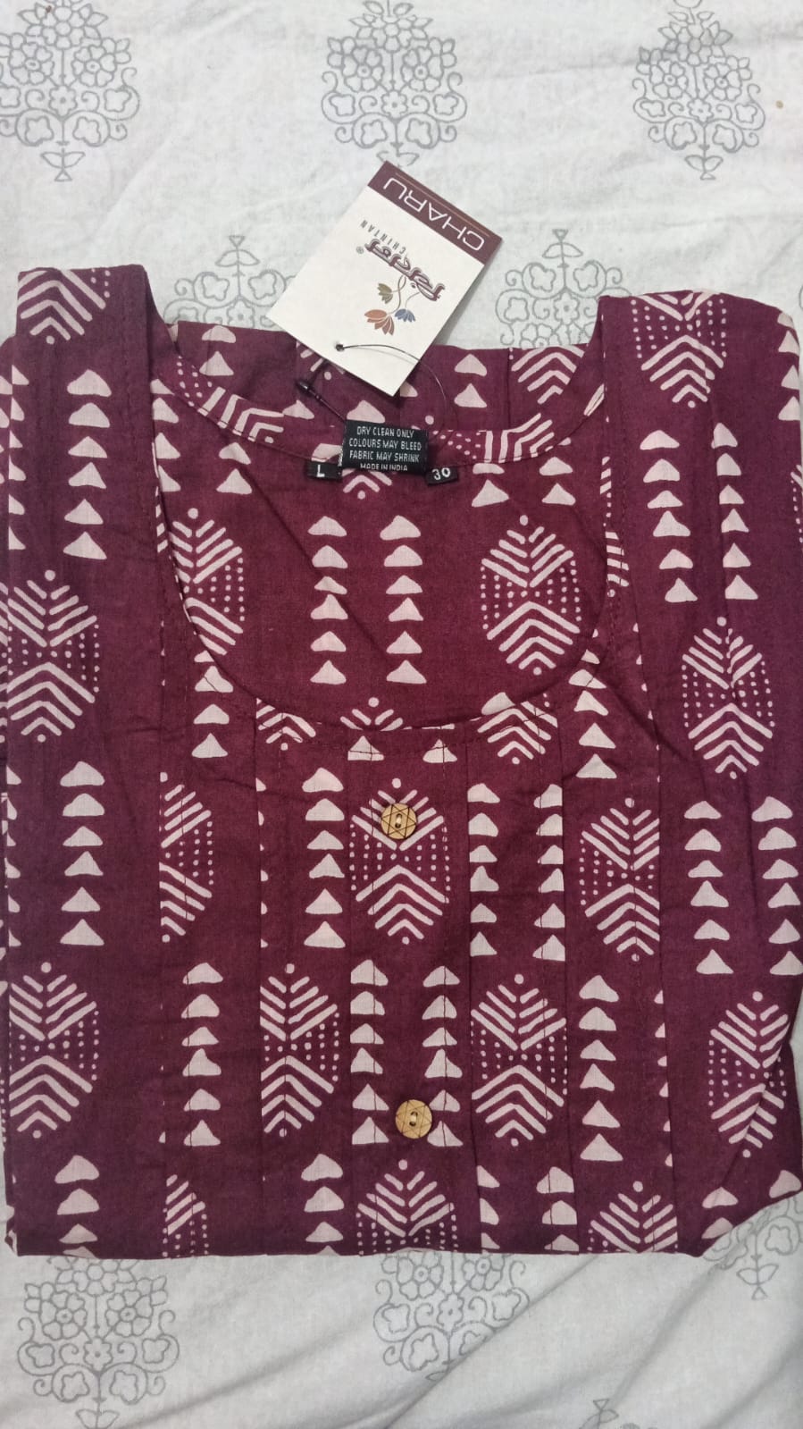 Ridhaa Wine Pleated Short Cotton Kurti