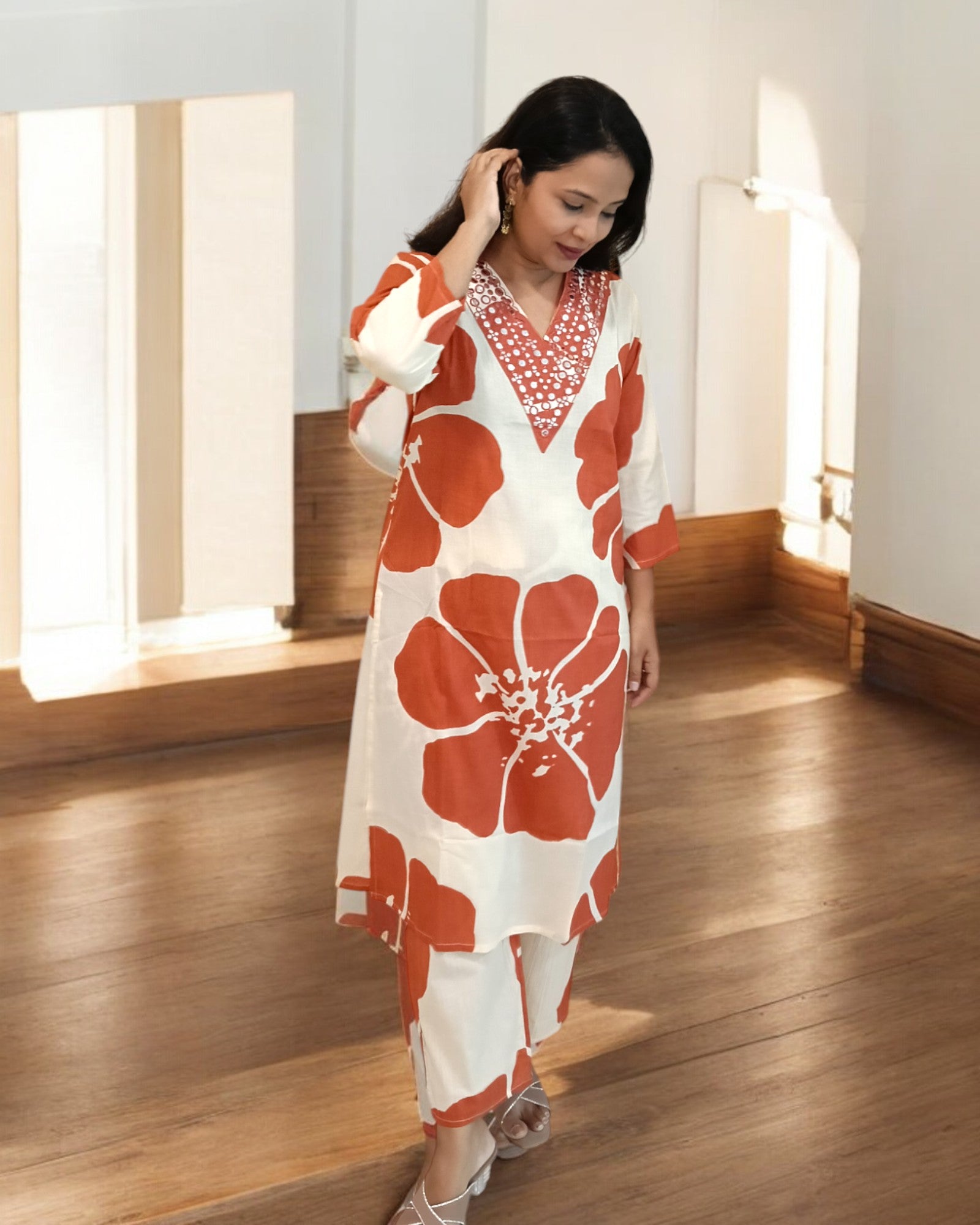 Brown Off-White Floral Print Co-ord Set Nisarg Collection V-Neck Light weight cotton coord Shaivee