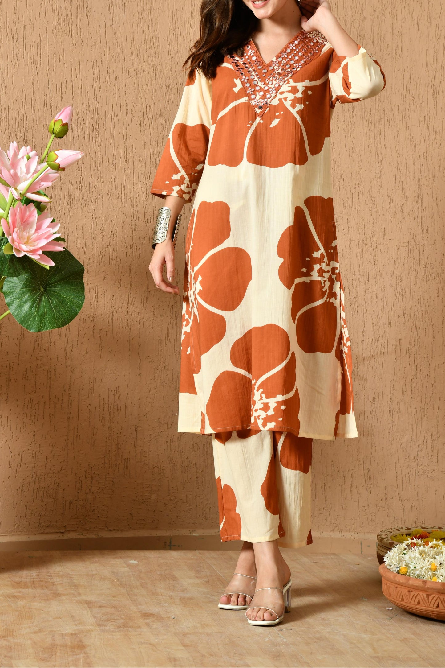 Brown Off-White Floral Print Co-ord Set