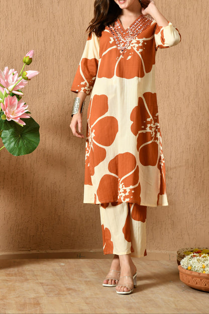 Brown Off-White Floral Print Co-ord Set