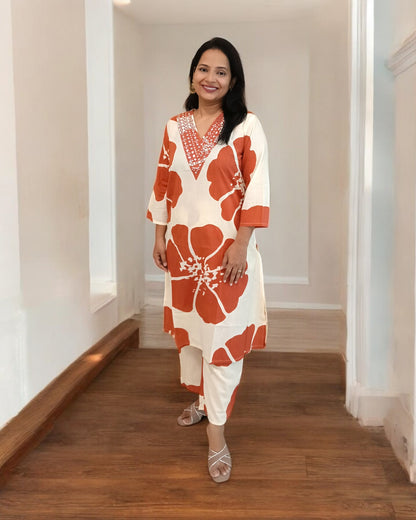 Brown Off-White Floral Print Co-ord Set Nisarg Collection V-Neck Light weight cotton coord Shaivee