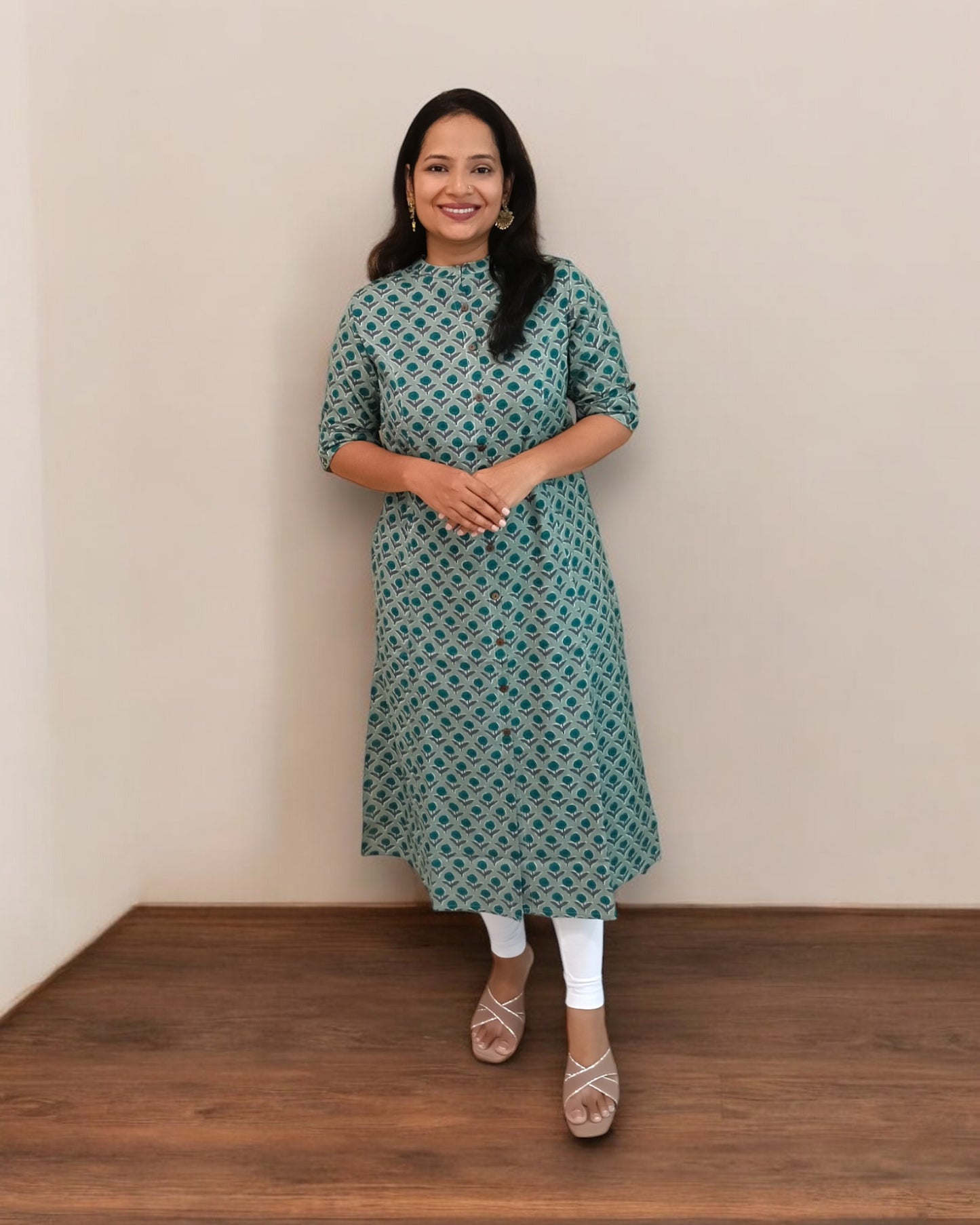 Cotton Green Floral Print Nisarg Kurti Mandarin Collar Kurtha Kurthi Formal Wear Shaivee