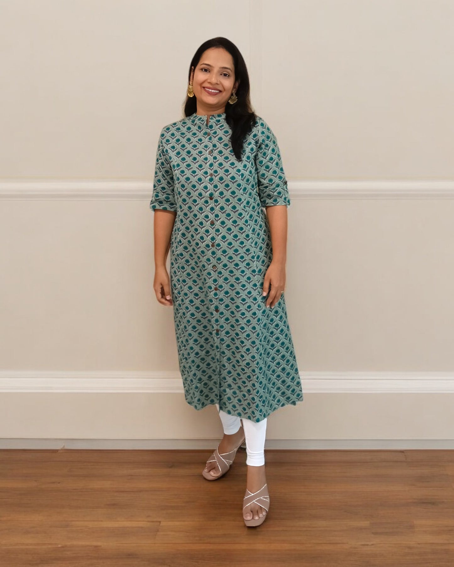 Cotton Green Floral Print Nisarg Kurti Mandarin Collar Kurtha Kurthi Formal Wear Shaivee