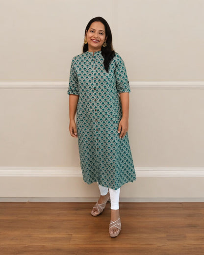 Cotton Green Floral Print Nisarg Kurti Mandarin Collar Kurtha Kurthi Formal Wear Shaivee