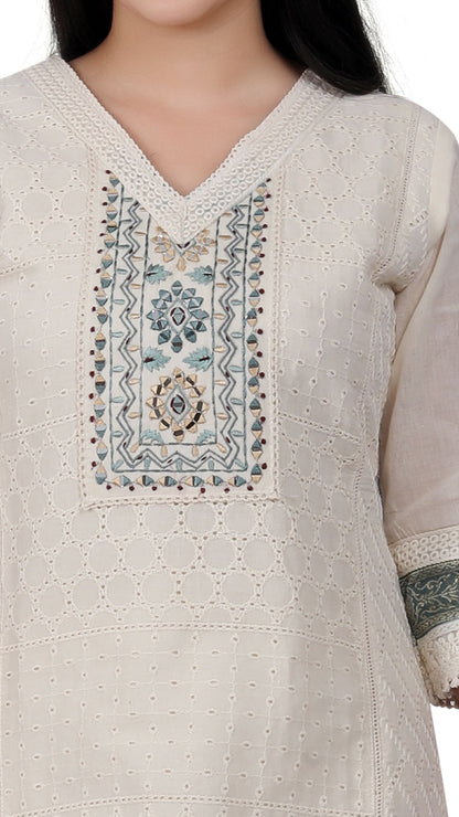 Cream Jeevika Chickankari Kurti