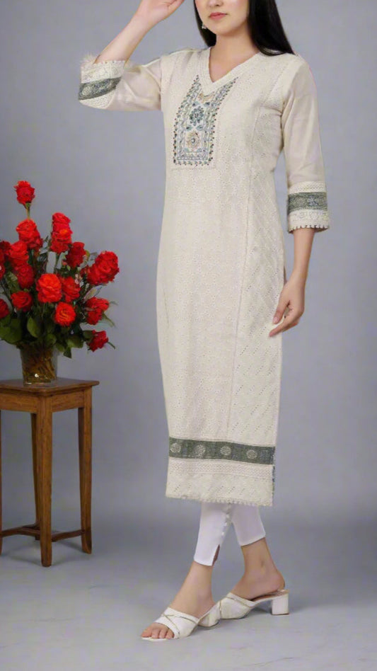Cream Jeevika Chickankari Kurti