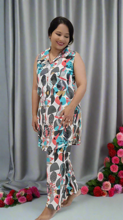 Divya Multicolor_co-ord_set Cotton blend fabric top with pant sleeveless with sleeves attached inside Shaivee