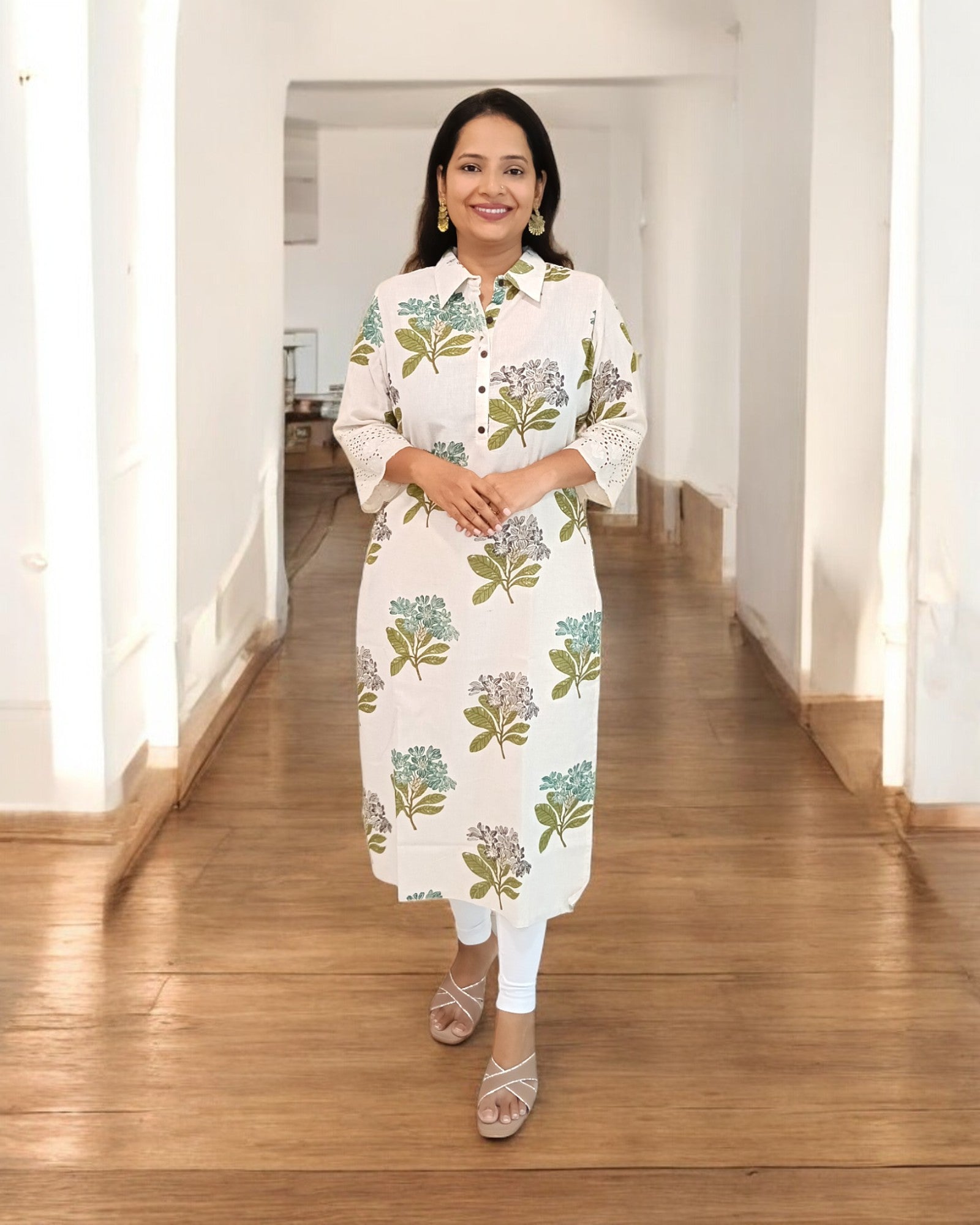 Lace Off-White Nisarg Cotton Collar Kurti Kurthi Kurta Floral Print