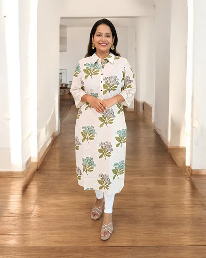 Lace Off-White Nisarg Cotton Collar Kurti Kurthi Kurta Floral Print