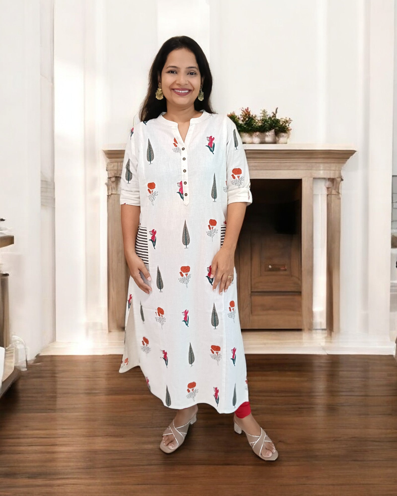 Lace Off-White Nisarg Cotton Mandarin Collar Kurti Kurthi Kurta Floral Print