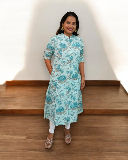 Mint blue Green Floral Cotton Kurti