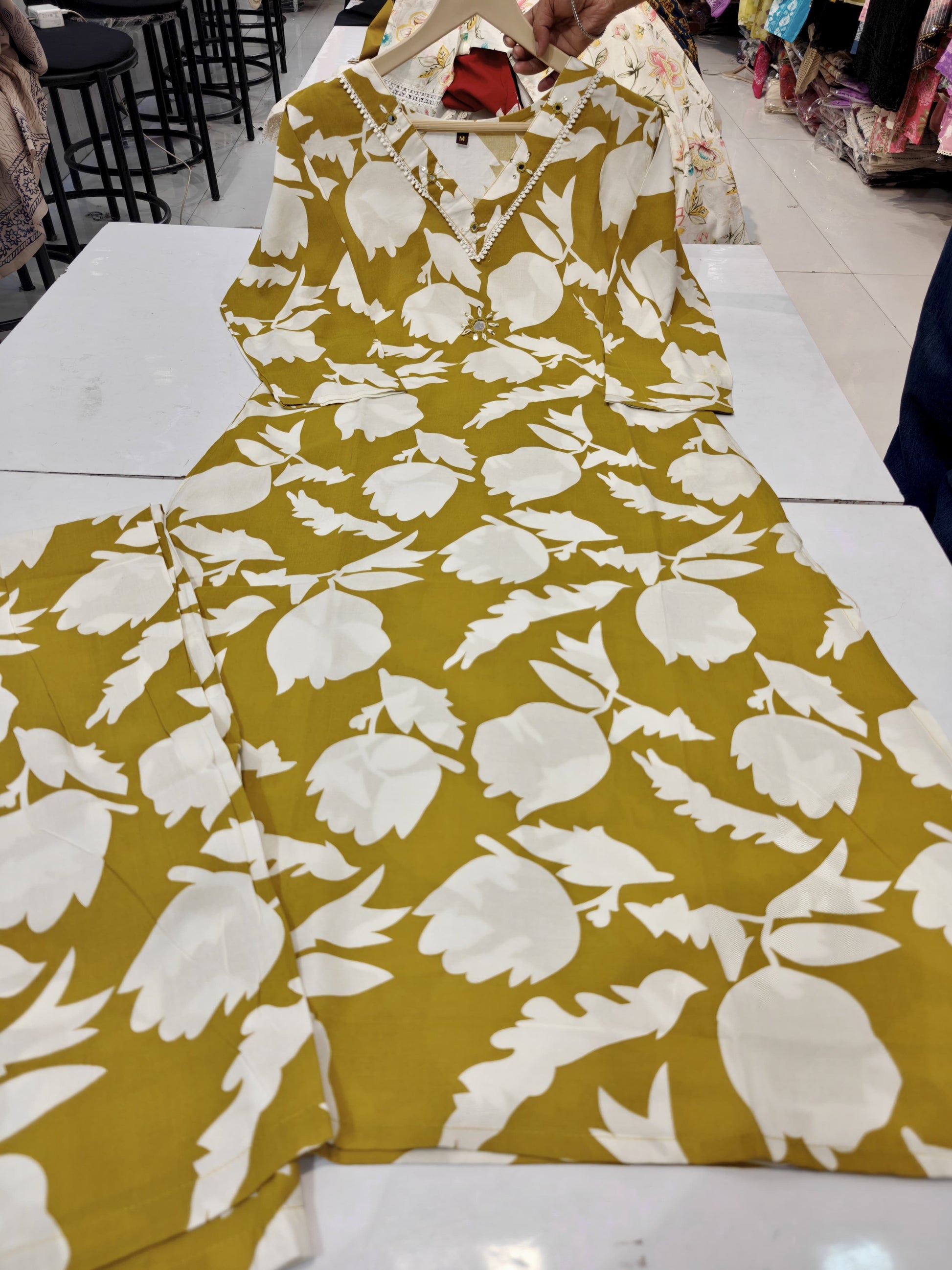 Mustard Yellow Vaidehi Co-ord Set Rayon with pockets on both sides V neck three fourth sleeves Shaivee