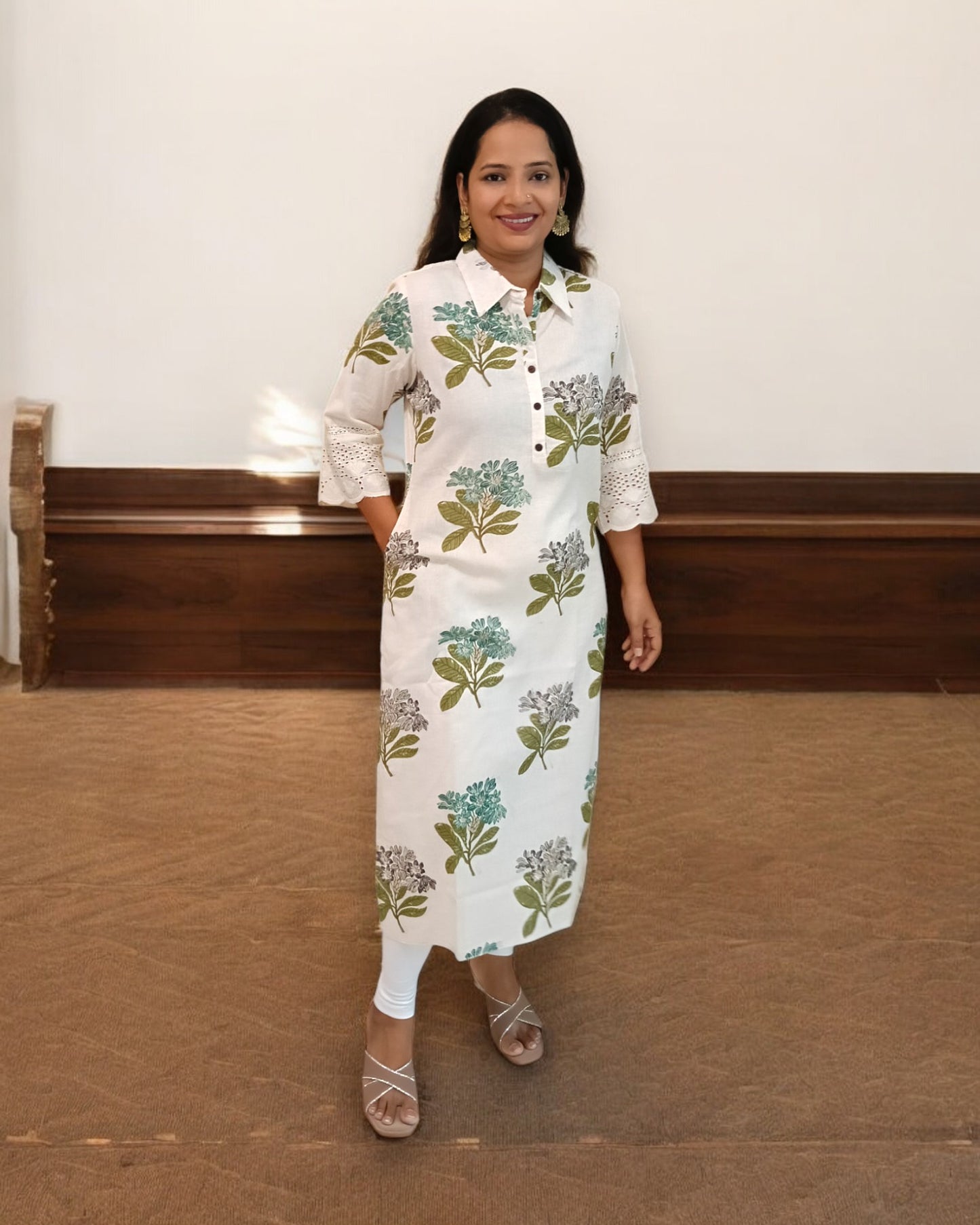 Lace Off-White Nisarg Cotton Collar Kurti Kurthi Kurta Floral Print