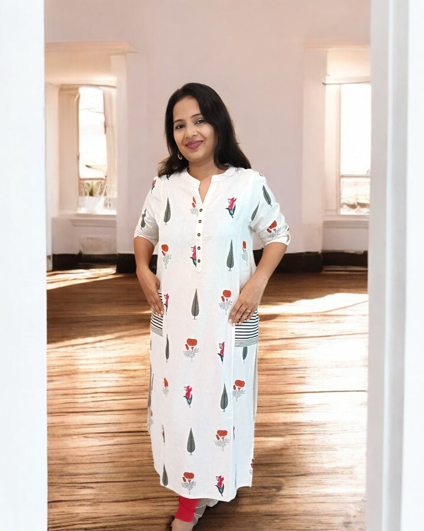 Off-White Nisarg Cotton Mandarin Collar Kurti Kurthi Kurta Floral Print