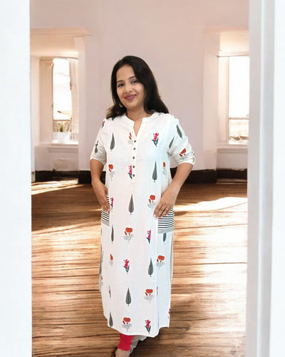 Off-White Nisarg Cotton Mandarin Collar Kurti Kurthi Kurta Floral Print