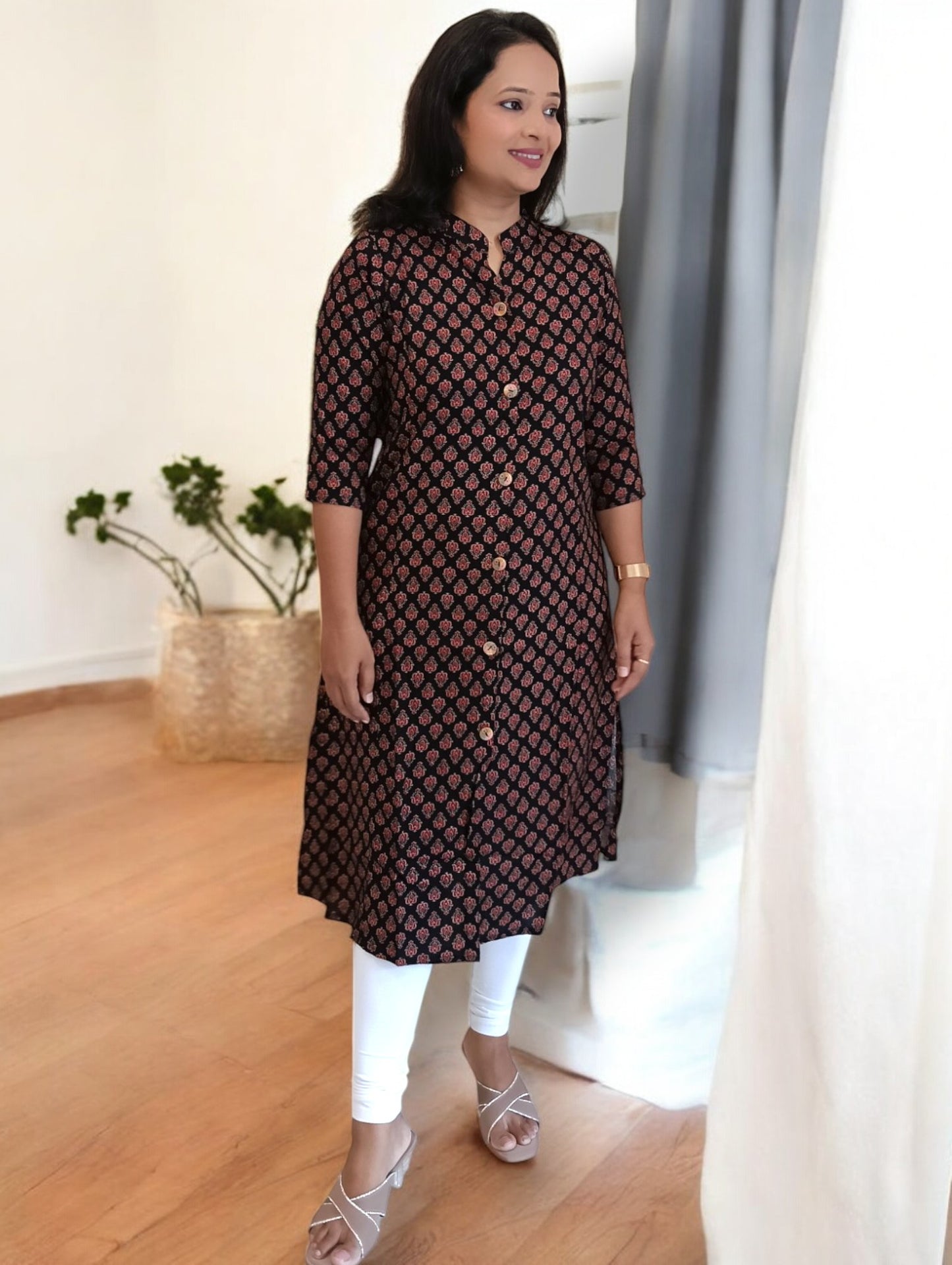 Rayon Black Anika A-line Kurti with mandarin collar formal wear Kurthi Kurta Shaivee