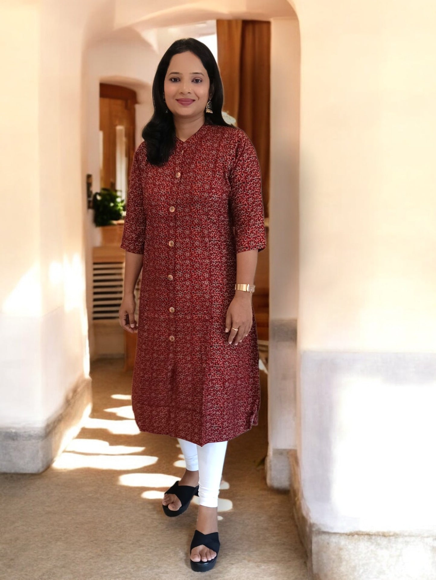 Rayon Maroon Anika A-line Kurti with mandarin collar formal wear Kurthi Kurta Shaivee