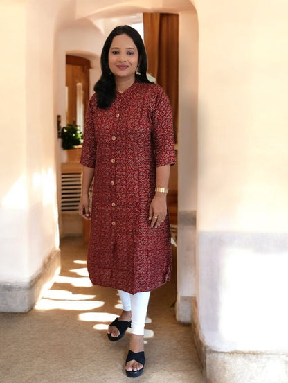Rayon Maroon Anika A-line Kurti with mandarin collar formal wear Kurthi Kurta Shaivee
