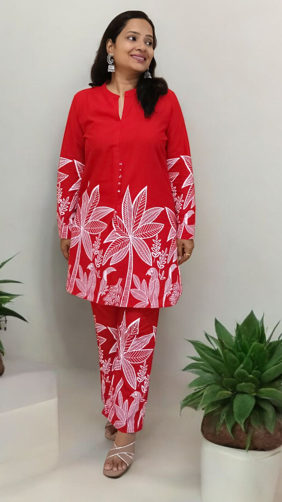 Red Cotton co-ord Set with mandarin collar full sleeves Nature print coord set Shaivee