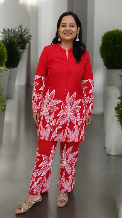 Red Cotton co-ord Set with mandarin collar full sleeves Nature print coord set Shaivee