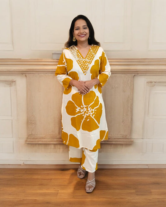 Yellow Floral Co-ord Set Pure Light weight cotton V-neck casual wear Shaivee