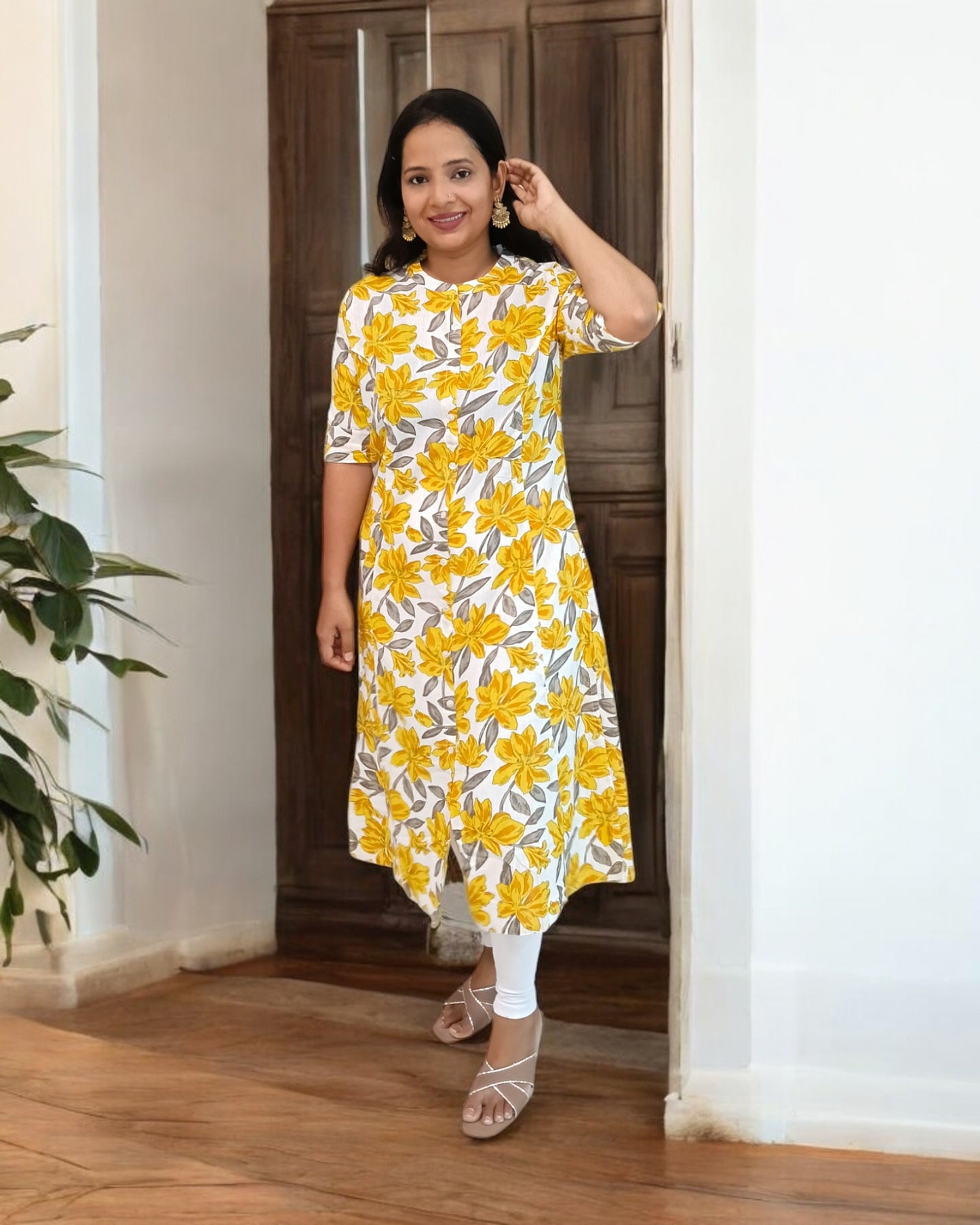 Cotton Floral Kurti Shaivee The Ethnic Store with pocket mandarin collar best formal wear kurthi kurta