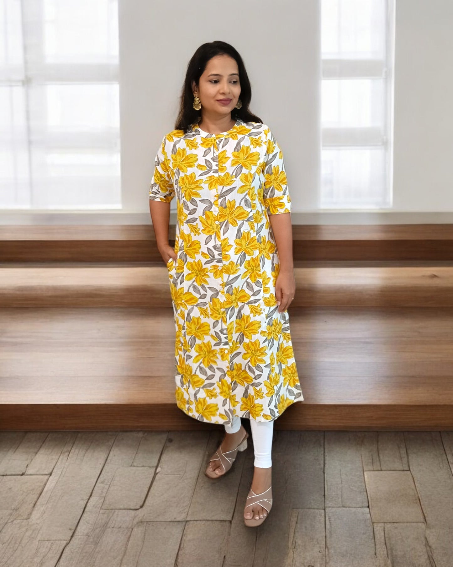 Cotton Floral Kurti Shaivee The Ethnic Store with pocket mandarin collar best formal wear kurthi kurta